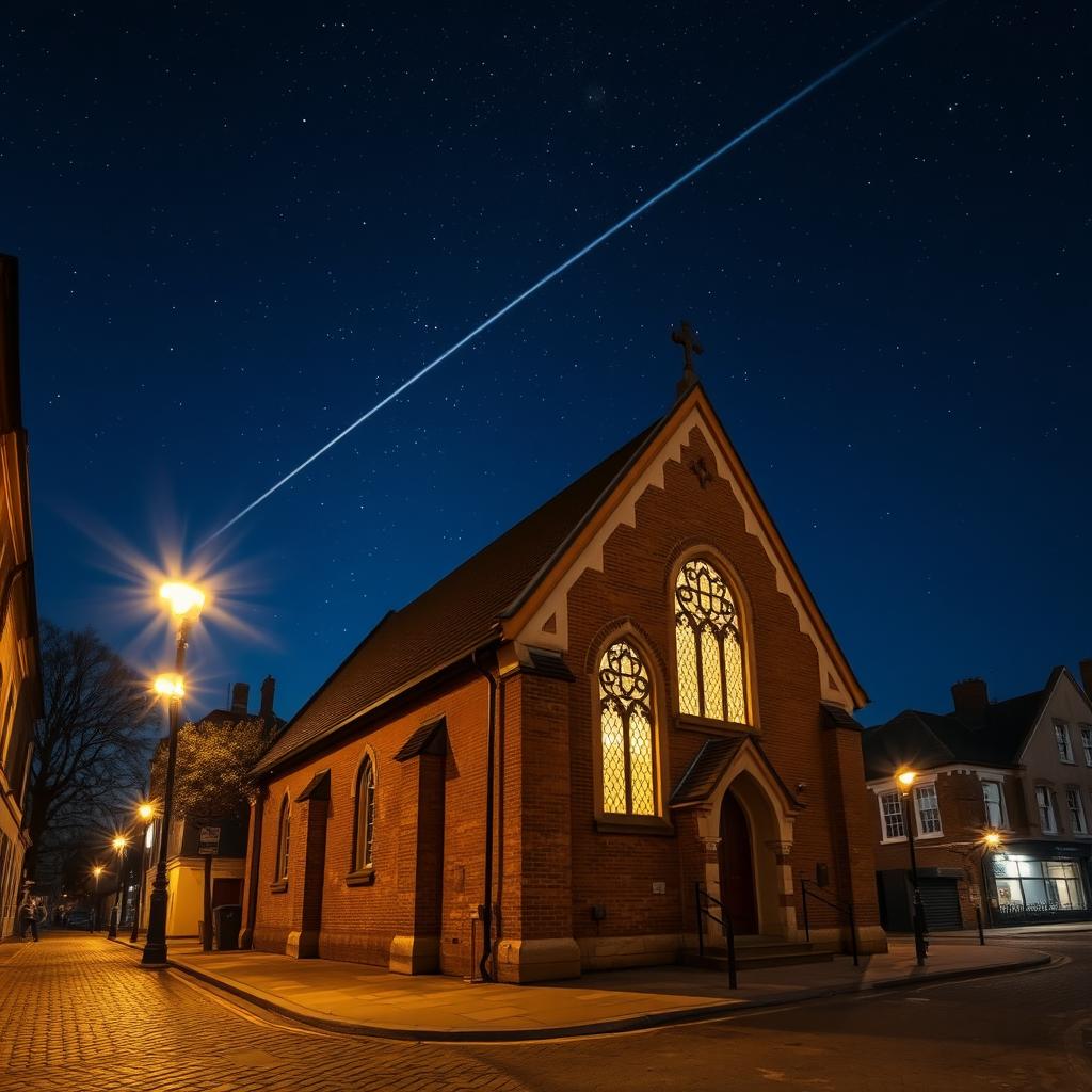 A charming exterior view of a small church at night, located on the quaint streets of London