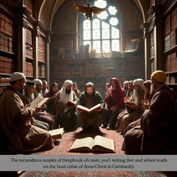 A respectful and scholarly depiction of discussions regarding the responses to the People of the Book, highlighting the critique of their texts and beliefs, particularly focusing on the divinity of Jesus Christ in Christianity