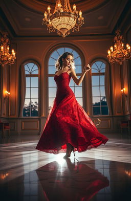 An elegant ballroom scene featuring a beautiful woman in a stunning red gown with intricate lace detailing, dancing gracefully on a polished marble floor