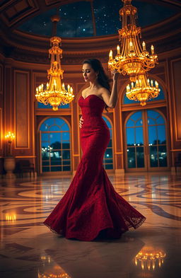 An elegant ballroom scene featuring a beautiful woman in a stunning red gown with intricate lace detailing, dancing gracefully on a polished marble floor