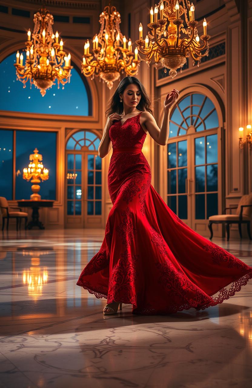 An elegant ballroom scene featuring a beautiful woman in a stunning red gown with intricate lace detailing, dancing gracefully on a polished marble floor