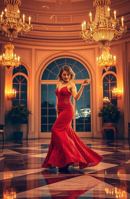 An elegant ballroom scene featuring a beautiful woman in a stunning red gown with intricate lace detailing, dancing gracefully on a polished marble floor