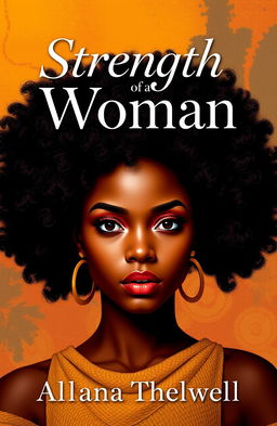 A vibrant book cover for 'Strength of a Woman' by Allana Thelwell, featuring a powerful black woman with a beautiful afro hairstyle