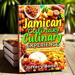 An eye-catching book cover for 'Jamaican Culinary Experience' by Jeffery Boner, showcasing a vibrant array of traditional Jamaican dishes beautifully plated