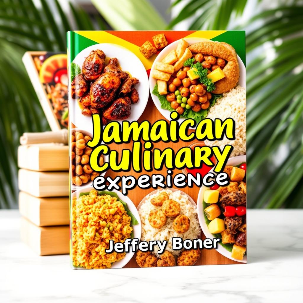 An eye-catching book cover for 'Jamaican Culinary Experience' by Jeffery Boner, showcasing a vibrant array of traditional Jamaican dishes beautifully plated