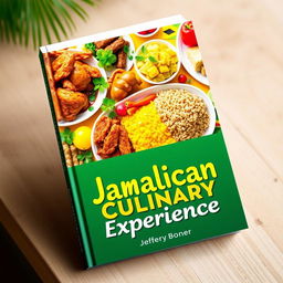 An eye-catching book cover for 'Jamaican Culinary Experience' by Jeffery Boner, showcasing a vibrant array of traditional Jamaican dishes beautifully plated