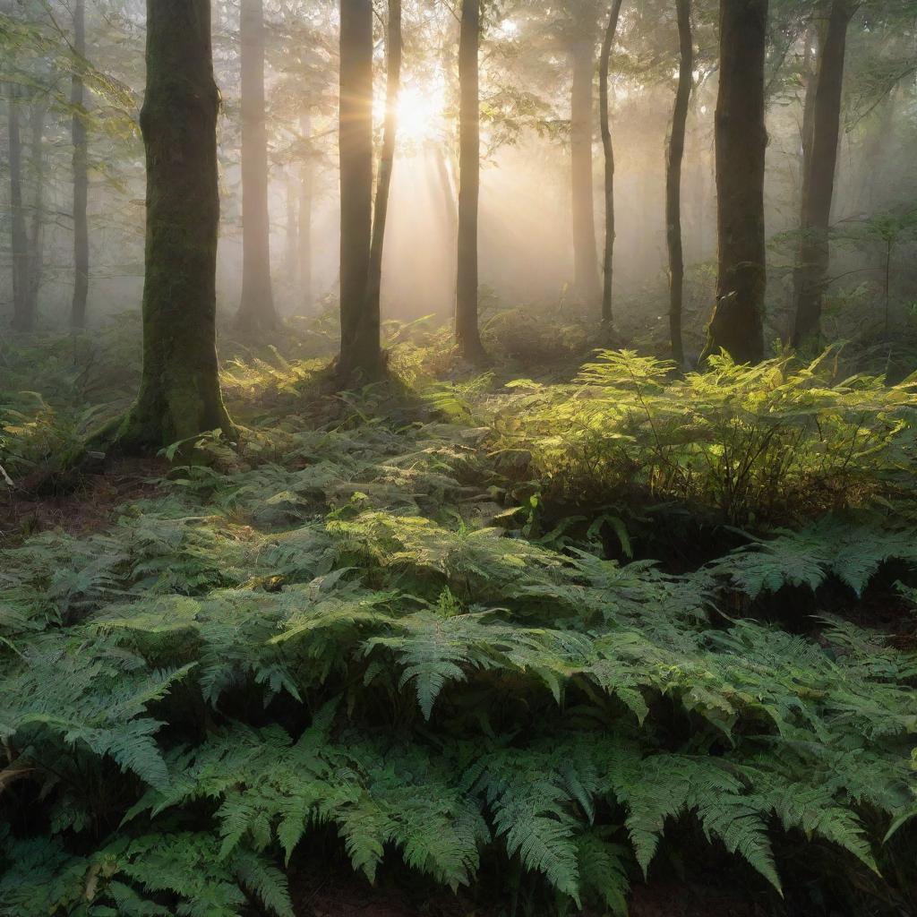 A tranquil forest scene with the early morning sun breaking through the mist, casting golden rays onto the dew-covered leaves and ferns.