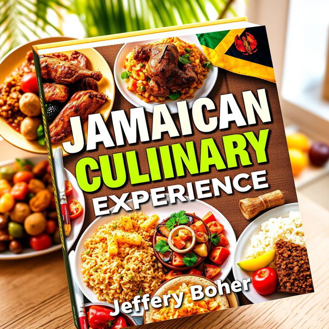 An eye-catching book cover for 'Jamaican Culinary Experience' by Jeffery Boner, showcasing a vibrant array of traditional Jamaican dishes beautifully plated