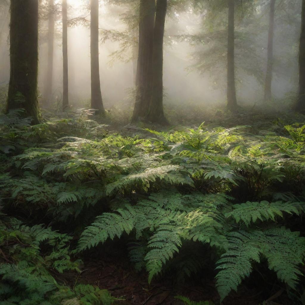 A tranquil forest scene with the early morning sun breaking through the mist, casting golden rays onto the dew-covered leaves and ferns.