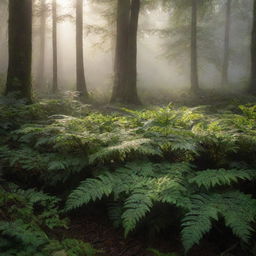 A tranquil forest scene with the early morning sun breaking through the mist, casting golden rays onto the dew-covered leaves and ferns.