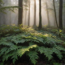 A tranquil forest scene with the early morning sun breaking through the mist, casting golden rays onto the dew-covered leaves and ferns.