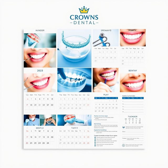 A visually appealing wall calendar for 2025 featuring the theme 'Crowns Dental'