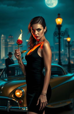 A captivating scene depicting a stylish young woman in a seductive pose, holding a burning rose, with flames illuminating her face, set against a glamorous city skyline at night