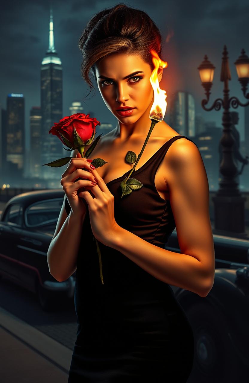 A captivating scene depicting a stylish young woman in a seductive pose, holding a burning rose, with flames illuminating her face, set against a glamorous city skyline at night