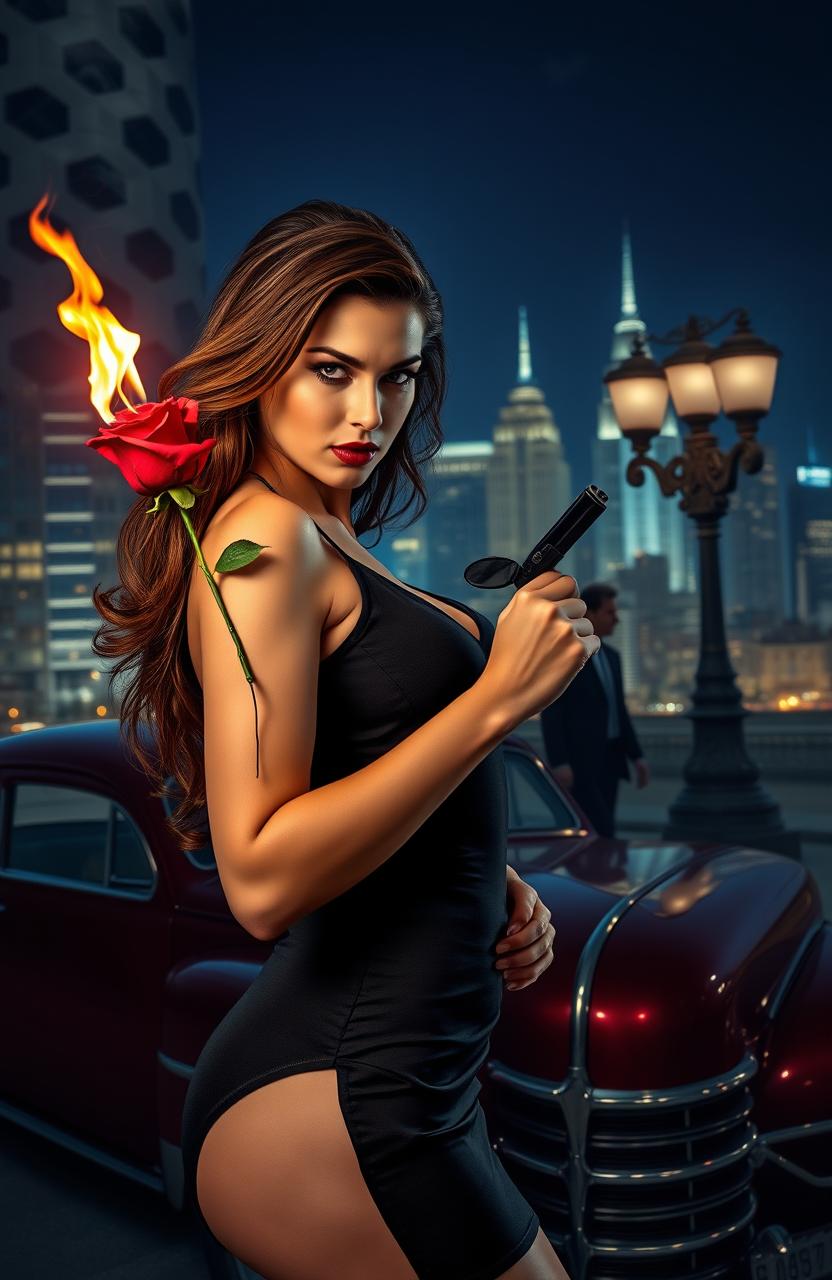 A captivating scene depicting a stylish young woman in a seductive pose, holding a burning rose, with flames illuminating her face, set against a glamorous city skyline at night