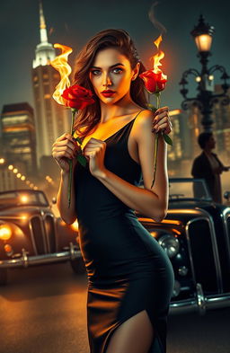 A captivating scene depicting a stylish young woman in a seductive pose, holding a burning rose, with flames illuminating her face, set against a glamorous city skyline at night