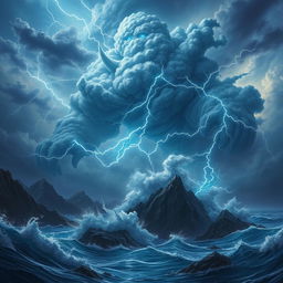 An awe-inspiring Storm Giant Quintessent, towering over a tumultuous seascape