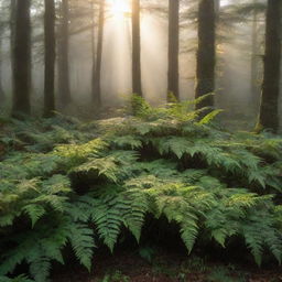 A tranquil forest scene with the early morning sun breaking through the mist, casting golden rays onto the dew-covered leaves and ferns.