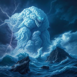 An awe-inspiring Storm Giant Quintessent, towering over a tumultuous seascape