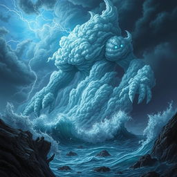 An awe-inspiring Storm Giant Quintessent, towering over a tumultuous seascape