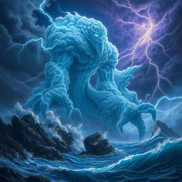 An awe-inspiring Storm Giant Quintessent, towering over a tumultuous seascape