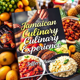 A captivating book cover for 'Jamaican Culinary Experience' by Jeffery Boner, featuring a delightful arrangement of iconic Jamaican dishes