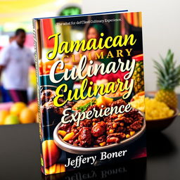 A captivating book cover for 'Jamaican Culinary Experience' by Jeffery Boner, featuring a delightful arrangement of iconic Jamaican dishes