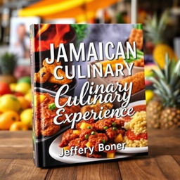 A captivating book cover for 'Jamaican Culinary Experience' by Jeffery Boner, featuring a delightful arrangement of iconic Jamaican dishes