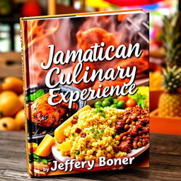 A captivating book cover for 'Jamaican Culinary Experience' by Jeffery Boner, featuring a delightful arrangement of iconic Jamaican dishes