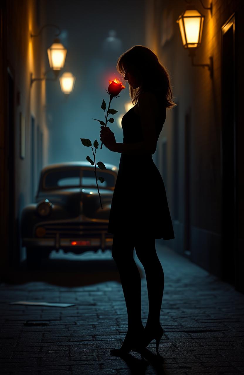 A mysterious and dramatic scene featuring a silhouette of a girl standing in an alley, illuminated by a warm glow from a burning rose held in her hand