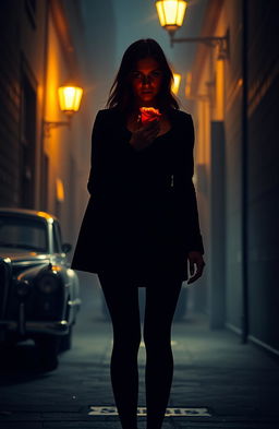 A mysterious and dramatic scene featuring a silhouette of a girl standing in an alley, illuminated by a warm glow from a burning rose held in her hand