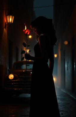 A mysterious and dramatic scene featuring a silhouette of a girl standing in an alley, illuminated by a warm glow from a burning rose held in her hand