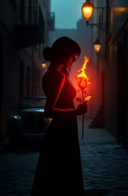 A mysterious and dramatic scene featuring a silhouette of a girl standing in an alley, illuminated by a warm glow from a burning rose held in her hand