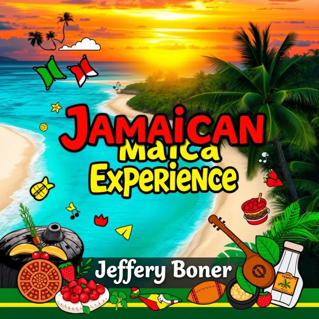 A stunning book cover for 'Jamaican Experience' by Jeffery Boner, capturing the essence of Jamaica's rich culture and vibrant lifestyle