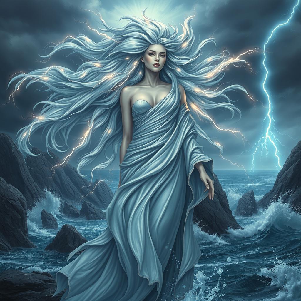 A captivating humanoid female Storm Giant Quintessent, embodying the essence of a powerful storm