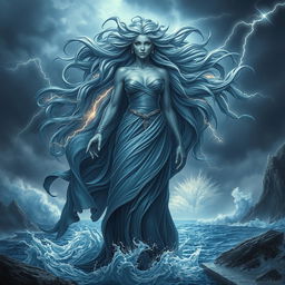 A captivating humanoid female Storm Giant Quintessent, embodying the essence of a powerful storm