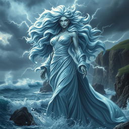 A captivating humanoid female Storm Giant Quintessent, embodying the essence of a powerful storm