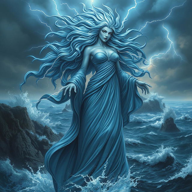 A captivating humanoid female Storm Giant Quintessent, embodying the essence of a powerful storm