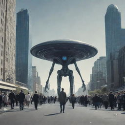 An extraterrestrial being walking on Earth, surrounded by a futuristic cityscape and curious humans.