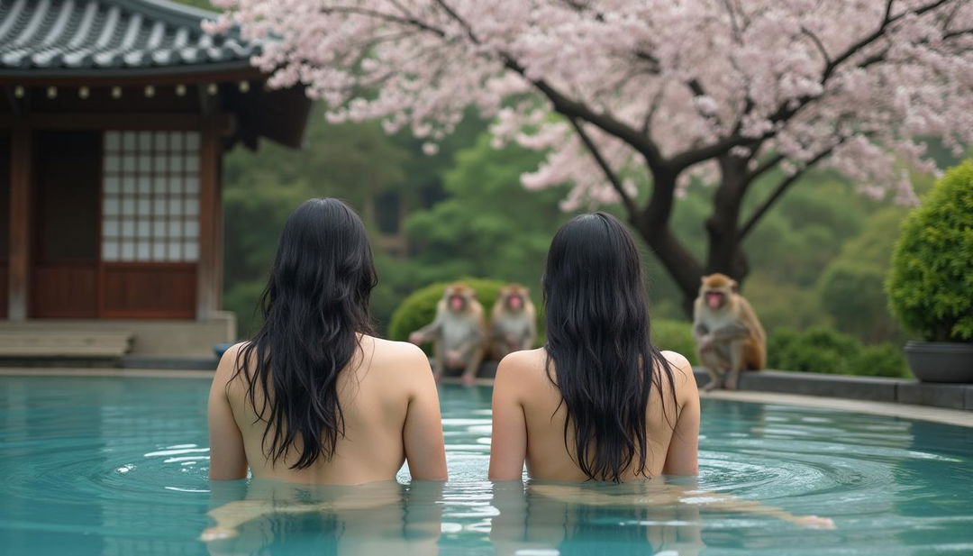 Two beautiful nude Japanese women in their mid-20s with long black hair and voluptuous, heavy breasts gracefully sit in a serene thermal water pool in Japan