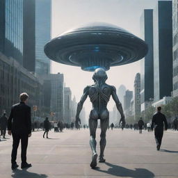 An extraterrestrial being walking on Earth, surrounded by a futuristic cityscape and curious humans.