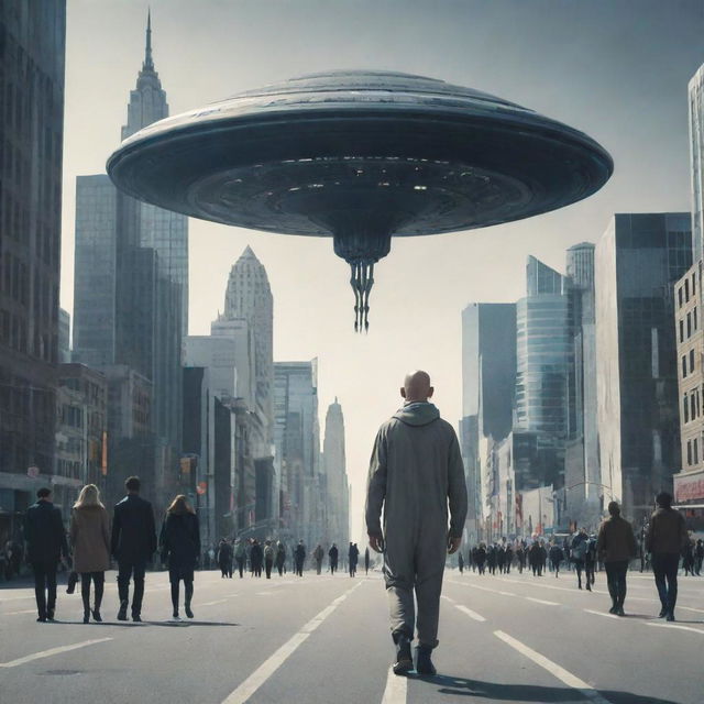 An extraterrestrial being walking on Earth, surrounded by a futuristic cityscape and curious humans.