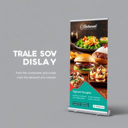 An eye-catching trade show pull-up display for a restaurant, designed to attract customers and highlight the restaurant's unique offerings