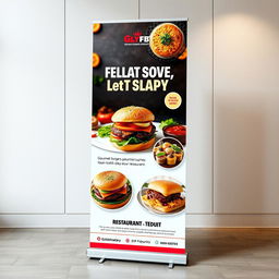 An eye-catching trade show pull-up display for a restaurant, designed to attract customers and highlight the restaurant's unique offerings