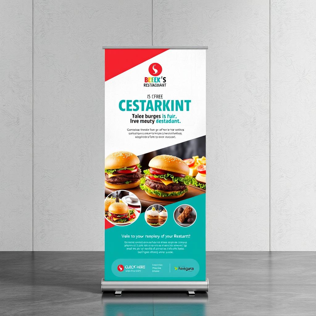 An eye-catching trade show pull-up display for a restaurant, designed to attract customers and highlight the restaurant's unique offerings