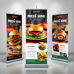 An eye-catching trade show pull-up display for a restaurant, designed to attract customers and highlight the restaurant's unique offerings