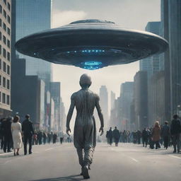 An extraterrestrial being walking on Earth, surrounded by a futuristic cityscape and curious humans.