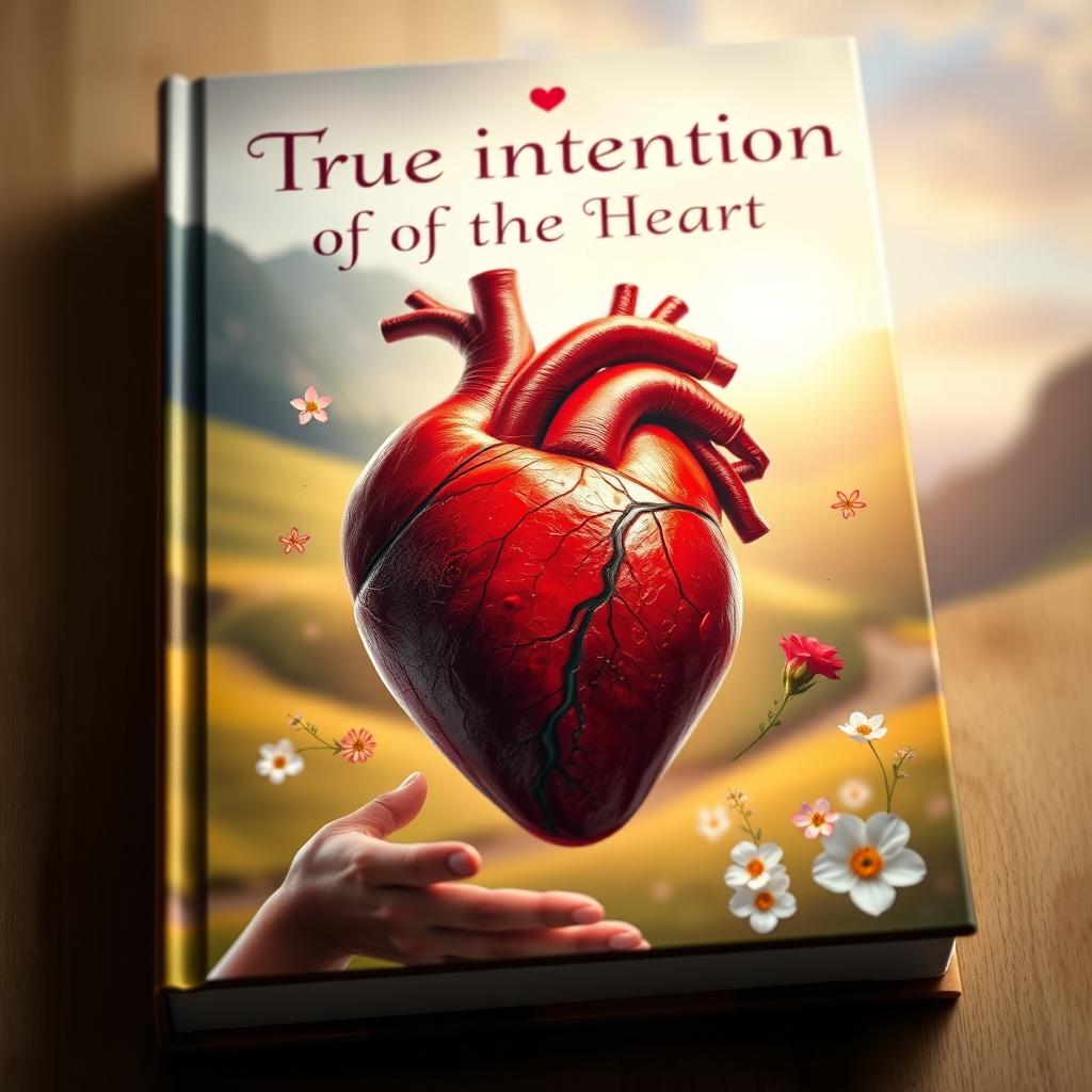 A hyper-realistic book cover depicting a vivid and detailed heart at the center, crafted with lifelike textures and colors, representing the true intentions of the heart