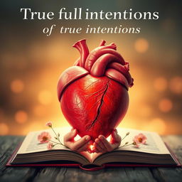 A hyper-realistic book cover depicting a vivid and detailed heart at the center, crafted with lifelike textures and colors, representing the true intentions of the heart