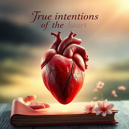 A hyper-realistic book cover depicting a vivid and detailed heart at the center, crafted with lifelike textures and colors, representing the true intentions of the heart